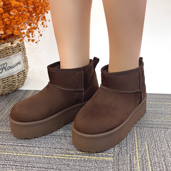 Women BROWN Winter Slip On Warm Fur Suede Snow Ankle Boots Slipper 2 Inch Sole - Picture 4 of 5